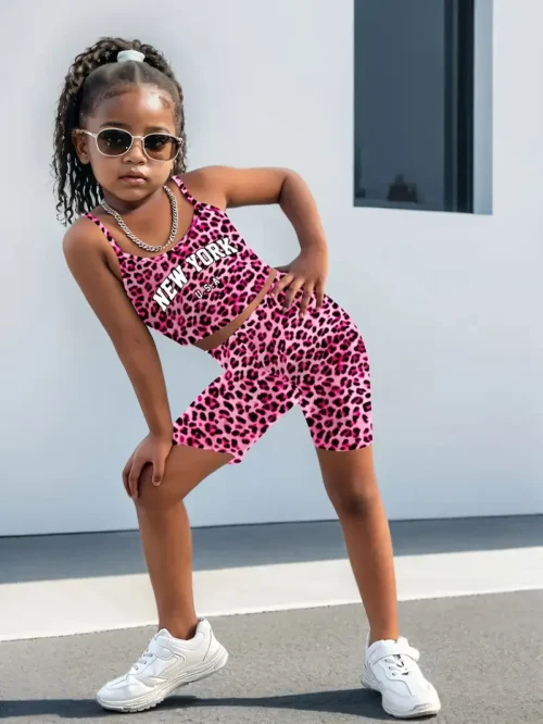 Youth Two-Piece Leopard Print Cycling Outfit